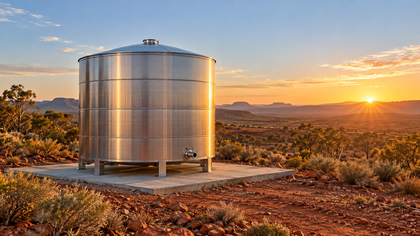 Stainless steel tank in the Australian outback, glowing in the morning sunrise.