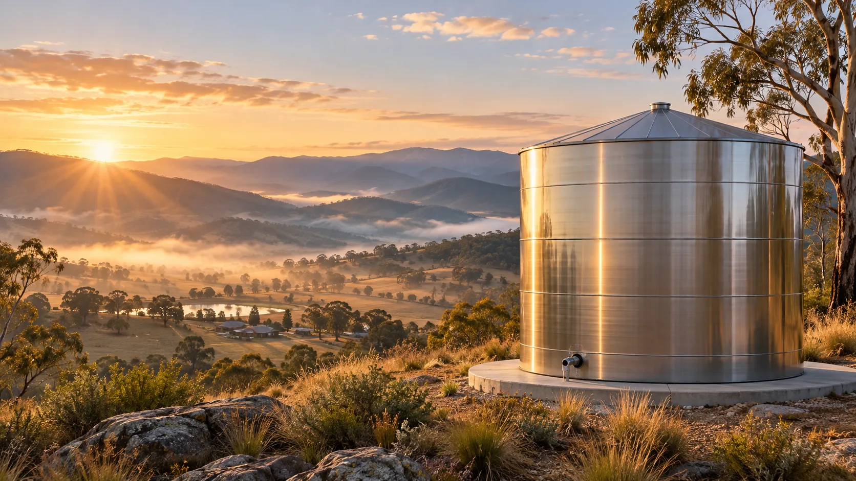 A stainless water tank overlooking the Australian High Country at sunrise.
